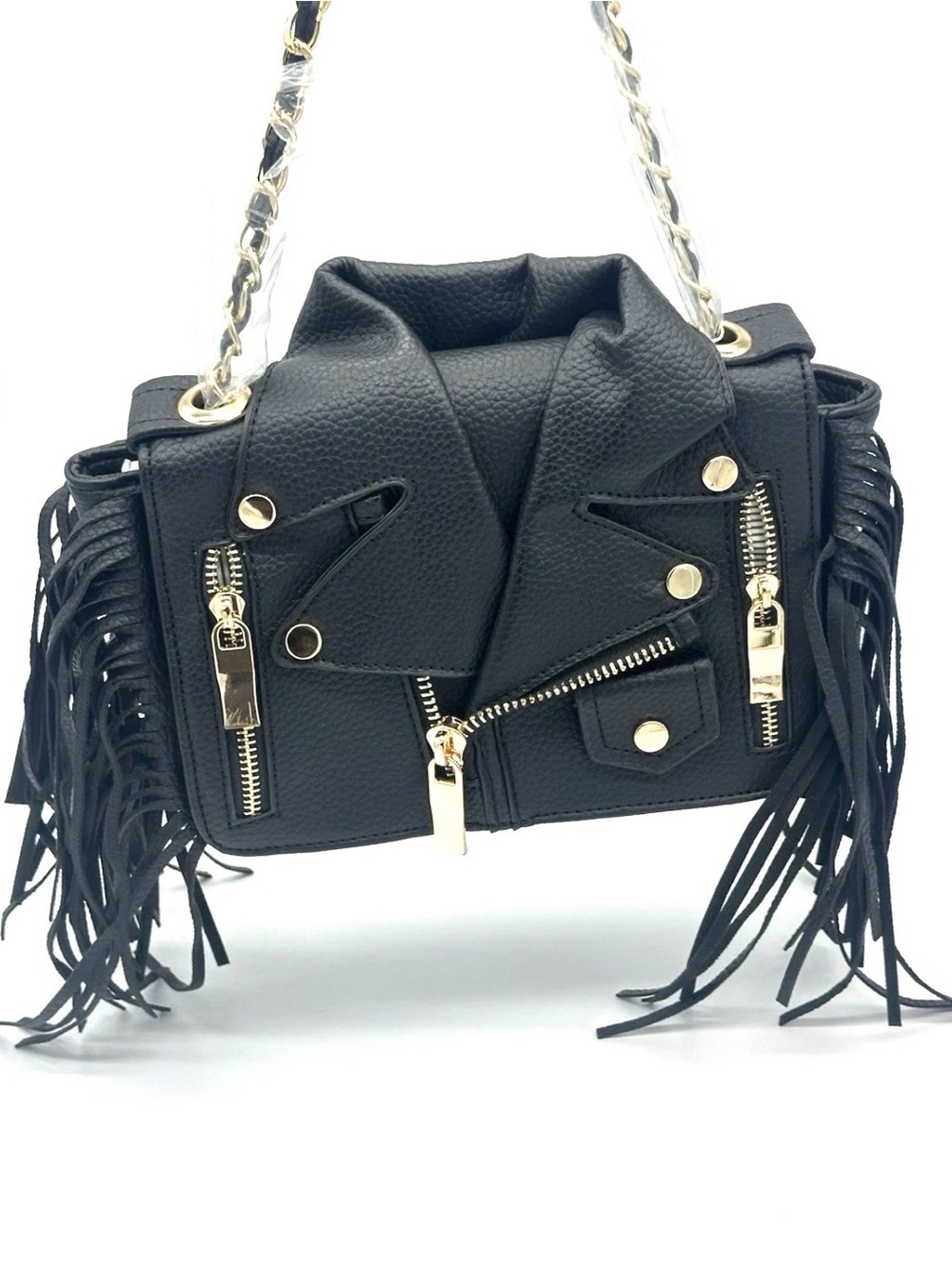 Black Jacket-Style Fringe Crossbody Bag Vegan Leather